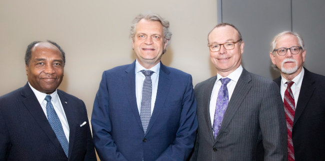 (Left to right) Griffin Rodgers, MD, MACP, director of the National Institute of Diabetes and Digestive and Kidney Diseases (NIDDK), Daniel Diermeier, PhD, Chancellor of Vanderbilt University, Jeffrey Balser, MD, PhD, President and CEO of VUMC, and Alvin C. Powers, MD, director of the Vanderbilt DRTC at the Annual Diabetes Day. (Photo by: Susan Urmy)