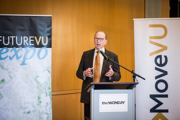Chancellor Nicholas S. Zeppos and Tennessee Department of Transportation Commissioner John Schroer (pictured) announced a $4.5 million CMAQ grant, which the university will match, at the FutureVU Mobility Expo Nov. 6 at the Wond'ry. (Susan Urmy/Vanderbilt)