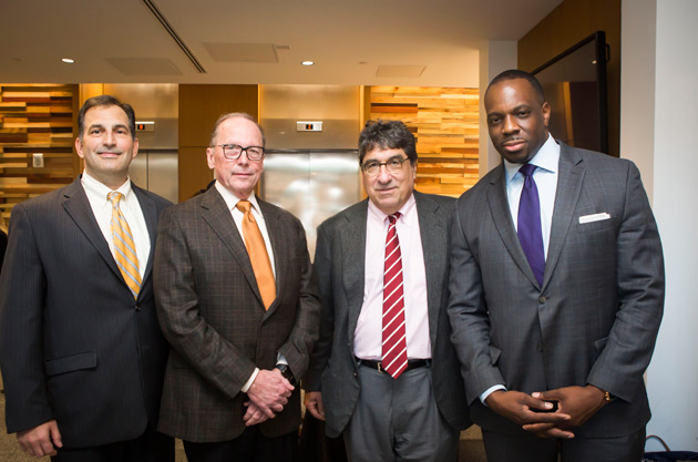 L-r: Vice Chancellor of Administration Eric Kopstain, TDOT Commissioner John Schroer, Chancellor Nicholas S. Zeppos and TDOT Deputy Commissioner/Chief of Environment and Planning Toks Omishakin at the FutureVU Mobility Expo Nov. 6. (Susan Urmy/Vanderbilt)