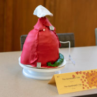 A cake meant to look like the handmaids in their red cloaks and white hats.