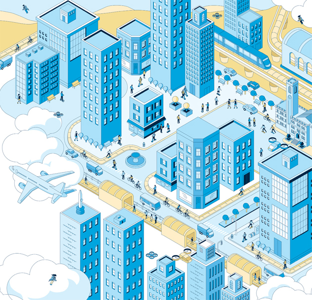 illustration of a city featuring various modes of transportation