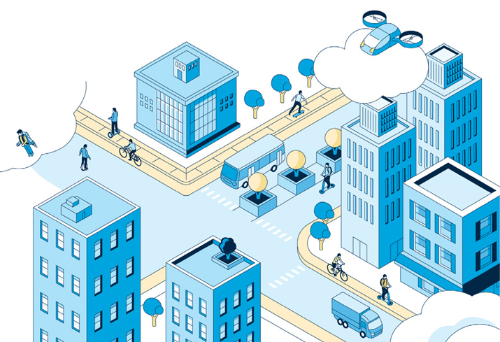 illustration of a city featuring various modes of transportation