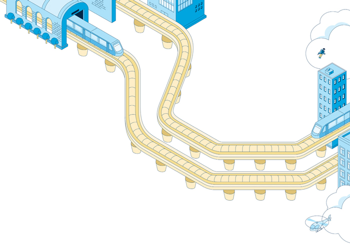 illustration of a city featuring various modes of transportation