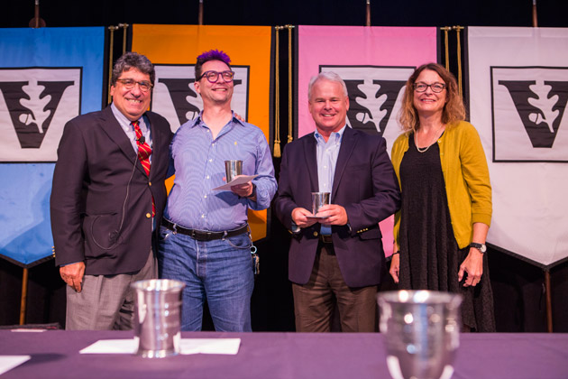 L-r: Chancellor Nicholas S. Zeppos, Chancellor's Award for Research recipients Jonathan Gilligan and Michael Vandenbergh, and Faculty Senate Chair Victoria Greene. (Anne Rayner/Vanderbilt)
