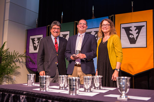 L-r: Chancellor Nicholas S. Zeppos, Chancellor's Award for Research recipient Douglas Shadle, and Faculty Senate Chair Victoria Greene. (Anne Rayner/Vanderbilt)