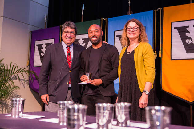L-r: Chancellor Nicholas S. Zeppos, Chancellor's Award for Research recipient Steven Townsend, and Faculty Senate Chair Victoria Greene. (Anne Rayner/Vanderbilt)