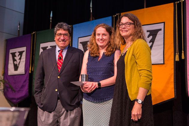 L-r: Chancellor Nicholas S. Zeppos, Chancellor's Award for Research recipient Clare McCabe, and Faculty Senate Chair Victoria Greene. (Anne Rayner/Vanderbilt)