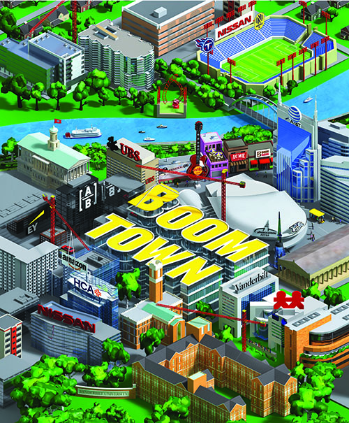 illustration of downtown Nashville with construction cranes and new buildings with corporate signs