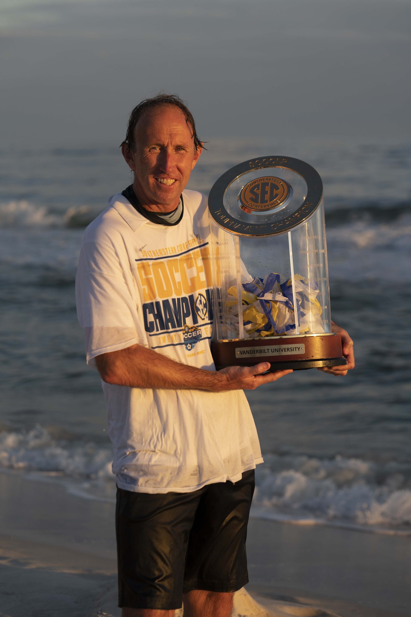 Ambrose celebrates the team's championship at the 2020 SEC Soccer Tournament, held in Orange Beach, Alabama.