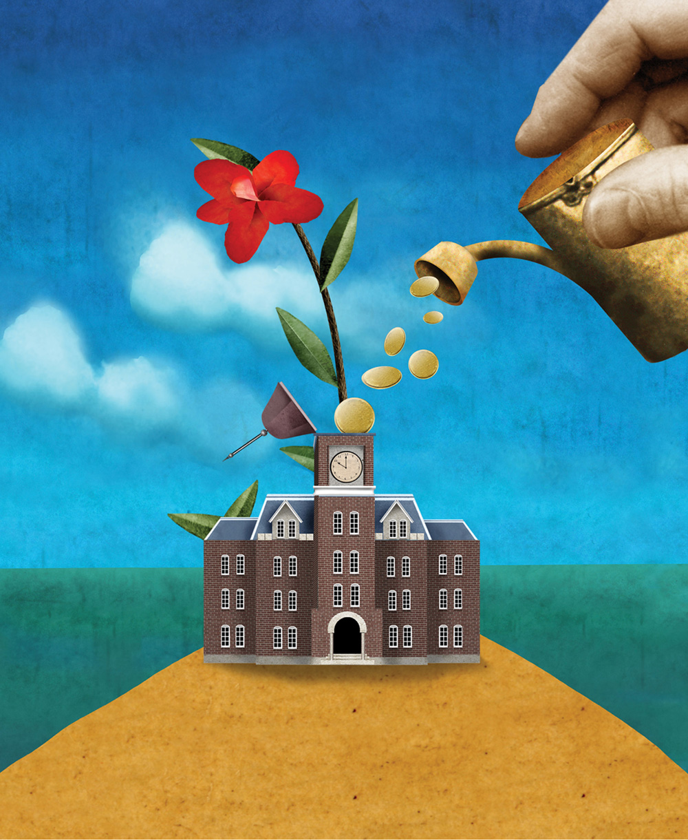 illustration of a watering can pouring money into a school