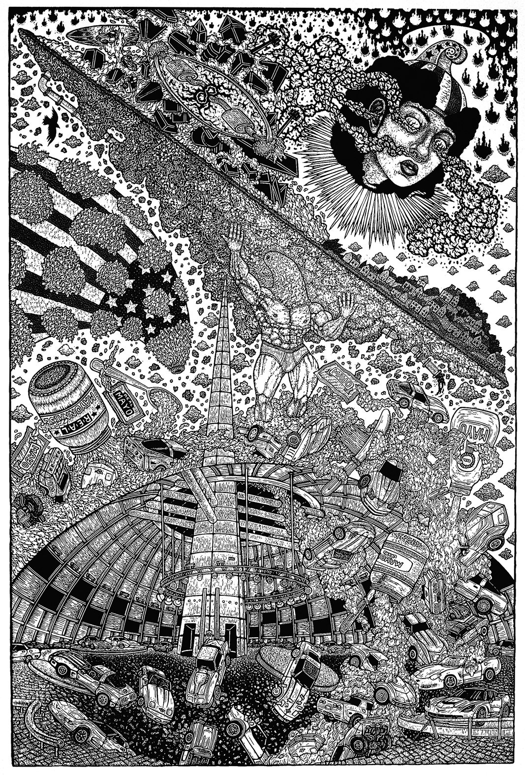 American Landscape, 2015, 36-by-25-inch linocut, by Jesse Shaw