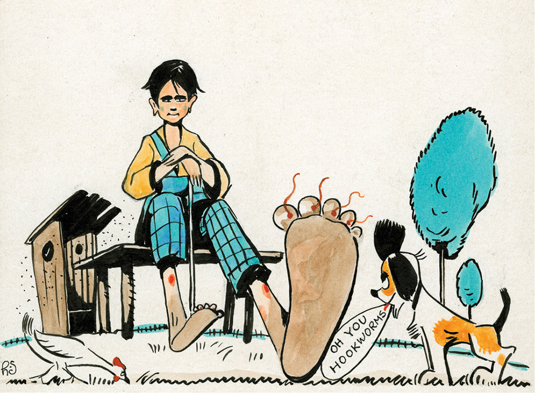 A cartoon from “The Story of a Boy,” created by the Rockefeller Sanitary Commission in the early 1900s to help educate poor residents of the South about hookworm disease. (B. STEPHANY/ROCKEFELLER FOUNDATION)