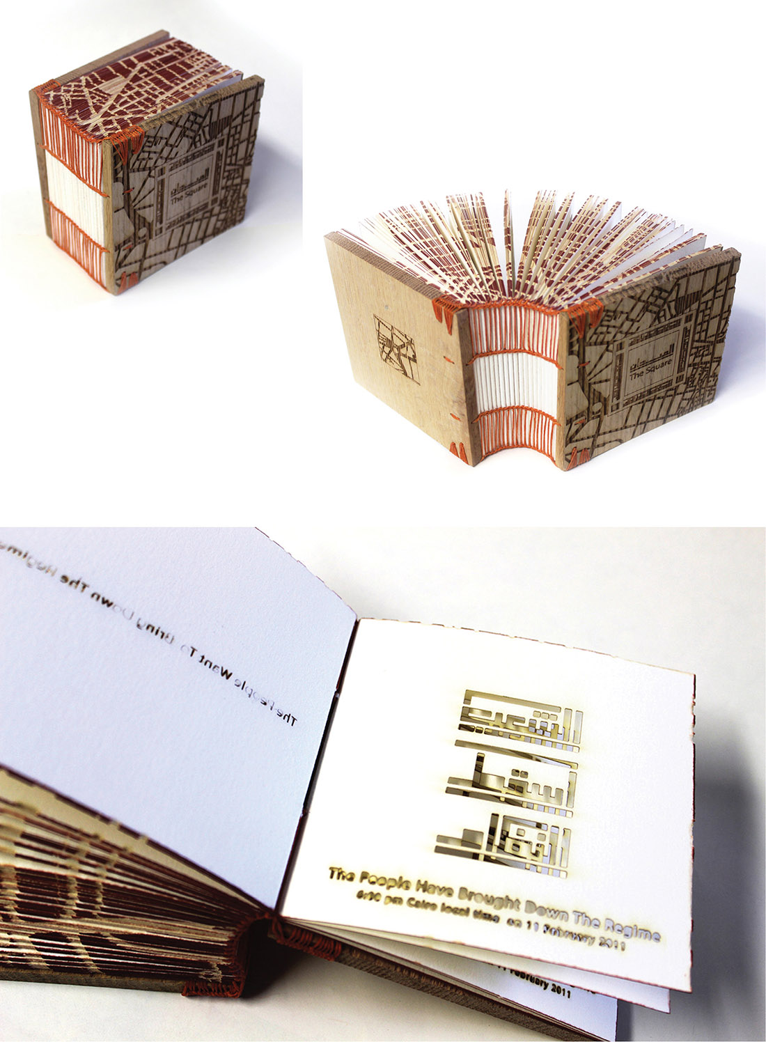 “The Square, Al Midan” by Islam Aly, a doctoral student in art education at the University of Iowa, who holds a master of fine arts from the University of Iowa’s Center for the Book. The book documents the words that were repeated in the streets of Cairo during the Arab Spring and Egyptian Revolution of 2011, when protesters from a variety of socioeconomic and religious backgrounds demanded the overthrow of the regime. It consists of four folios constructed of mould-made Johannot paper with colored and laser-engraved edges bound in laser-etched wooden boards using Ethiopian and Coptic binding with linen thread.