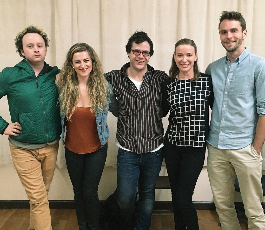 From left) Eli Branson, BA’09; Madeline Fansler, BA’12; Aidan Carr, BA’13; Jessica Owens, BA’12; and Matt Russell, BA’11, workshopped Carr’s play May in New York City in November.
