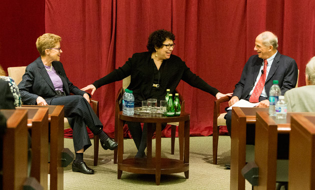 Justice Sonia Sotomayor (center) was introduced at her April 3 talk by fellow Yale Law School classmates and current Vanderbilt Law School faculty Ellen Wright-Clayton (left) and Ed Rubin (right). (Joe Howell/Vanderbilt)