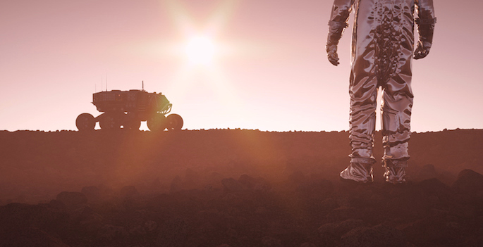 astronaut and rover on martian soil