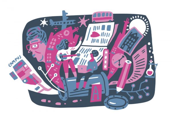 Pink, blue, black illustration of people sitting and standing on a time capsule cannister surrounded by a campus map, books, clocks, an airplane, telling the story of what's inside.