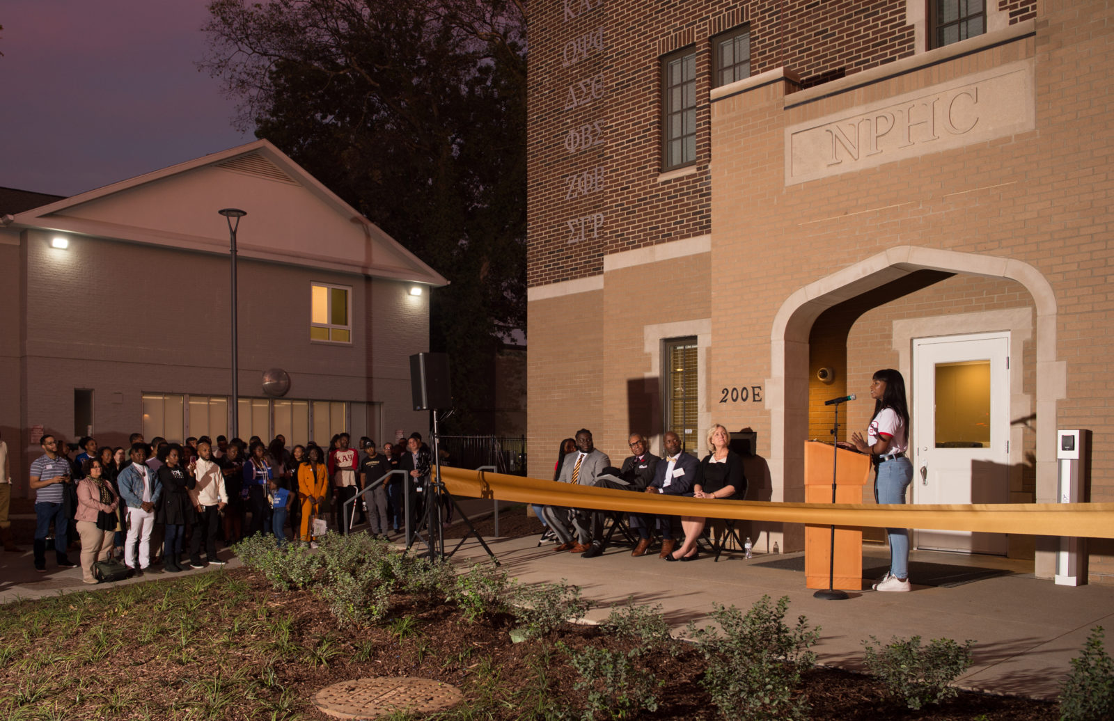 NPHC President Gabrielle Dyson speaking at the National Pan-Hellenic Council House house ribbon-cutting at Vanderbilt University on Oct. 18, 2019. (Price Chambers for Vanderbilt University)
