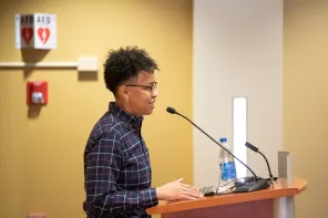 Associate Director of the Bishop Joseph Johnson Black Cultural Center Nicole Malveaux speaking at the MLK Commemorative Series Kickoff event. (Vanderbilt University/Joe Howell)