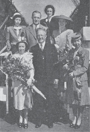 Professor Alexander G. Fite, Class of 1913 (front, center) and guests at the ship’s christening ceremony. Behind him, left to right, are Vanderbilt alumni Sophie Parsons Clark (Class of 1929), W. Maney Edmondson (Class of 1921), Margaret Lee Kiely (Class of 1932), and Catherine Craig Langford (Class of 1931).