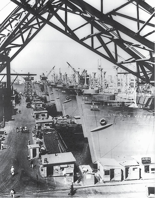 Victory ships lined up for fitting out at the California Shipbuilding Corp.’s shipyard in 1944.
