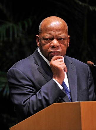 photograph of John Lewis speaking at podium at Vanderbilt