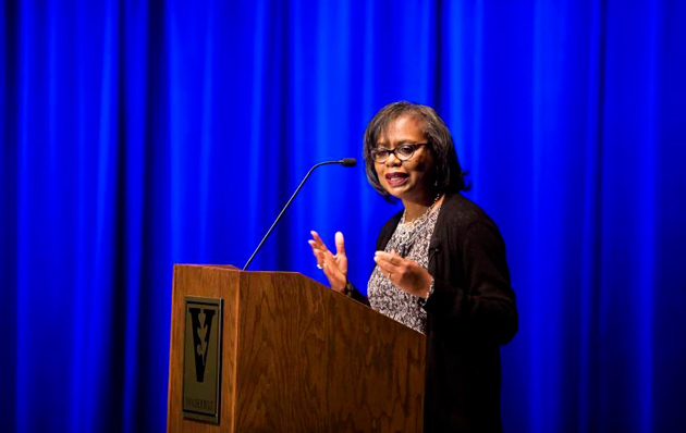 Professor Anita Hill discusses the legal history of sexual harassment during a keynote address at Langford Auditorium Oct. 28. (Susan Urmy/Vanderbilt)
