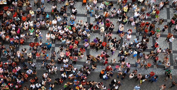Aerial photograph of people gathered in a square