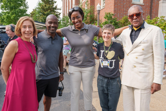 Provost Cybele Raver, Assistant Dean Rosevelt Noble, Vice Chancellor Candice Lee, Dean Melissa Gresalfi and Vice Chancellor Andre Churchwell pose for a picture during Move-In 2022.