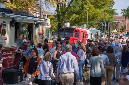 Friday afternoon events included a block party with food trucks at Vanderbilt's newly redesigned West End Neighborhood. (Harrison McClary/Vanderbilt University)