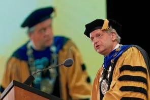 Chancellor Daniel Diermeier gives remarks at the Sesquicentennial kickoff celebration. (Harrison McClary/Vanderbilt)