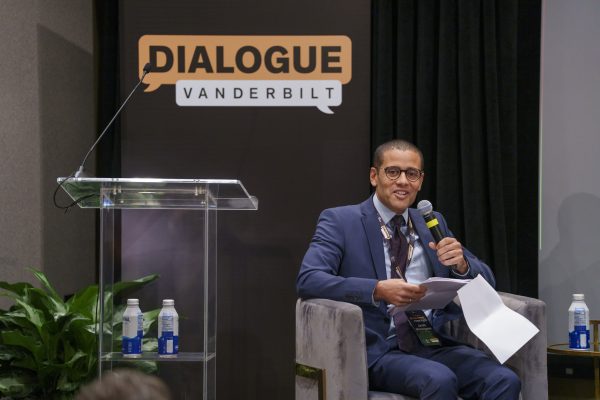 Jacob Mchangama, executive director of The Future of Free Speech Project, moderates a discussion for the Symposium on AI, Free Speech and Human Rights at the John Seigenthaler Center on Oct. 12, 2023. (Harrison McClary/Vanderbilt)