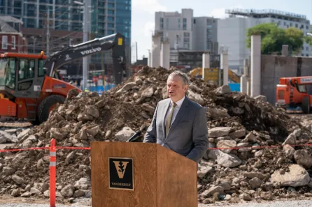 Chancellor Diermeier speaks during the graduate and professional student housing groundbreaking ceremony.