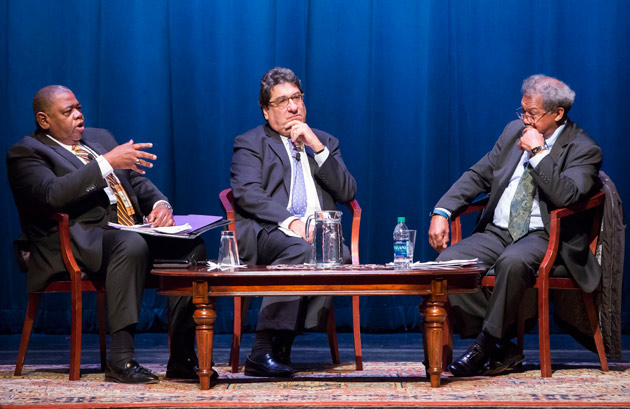 L-r: Vanderbilt Professor Dennis C. Dickerson, Chancellor Nicholas S. Zeppos and University of Chicago Professor Thomas C. Holt at the keynote event for the inaugural Wrestling With Our Past symposium at Vanderbilt. (Susan Urmy/Vanderbilt)