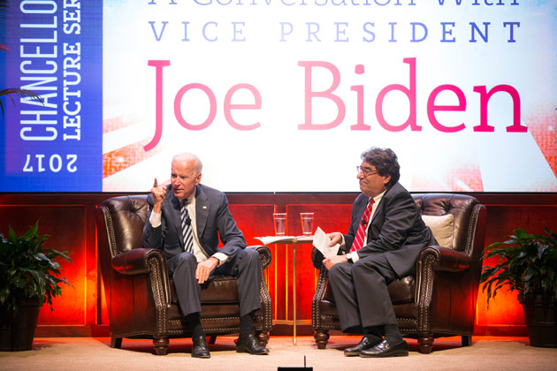 Biden’s message to a packed Langford Auditorium April 10 revolved around two themes: a call for bipartisanship and a plea for Americans to remember who they are. (Joe Howell/Vanderbilt)