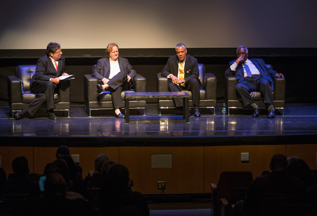 Chancellor Nicholas S. Zeppos, filmmaker Rich Gentile, Godfrey Dillard and Vice Chancellor for Athletics and University Affairs and Athletics Director David Williams discuss "Triumph: The Untold Story of Perry Wallace." (Joe Howell/Vanderbilt)