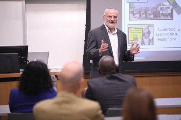During his visit to Vanderbilt, Alexander Kott, chief scientist of the Army Research Lab, presents on the use of artificial intelligence on the battlefield to an audience of faculty, staff and students. (Vanderbilt University)