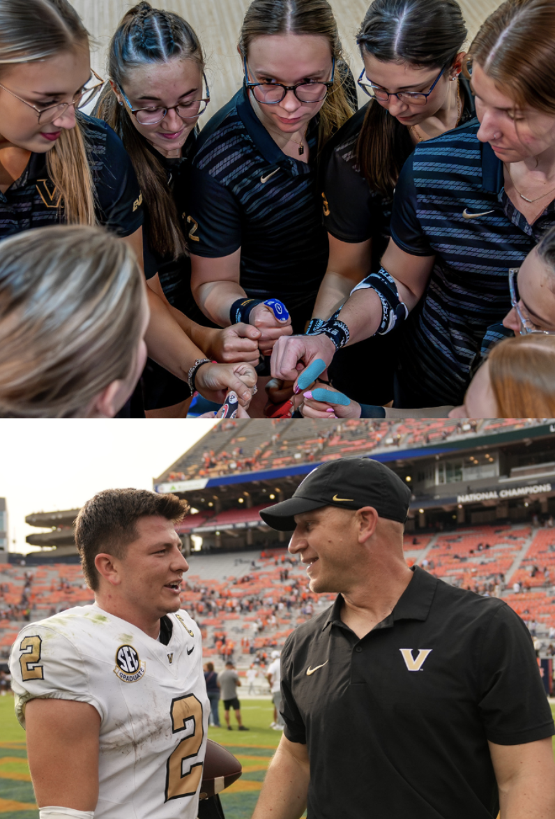 Top photo: The bowling team joins fists before a match; Bottom photo: Diego Pavia and Coach Lea speak on field during a game.