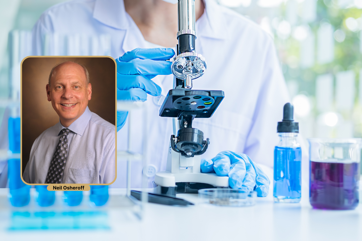 A headshot of Neil Osheroff overlays an image of a person conducting research in a lab.