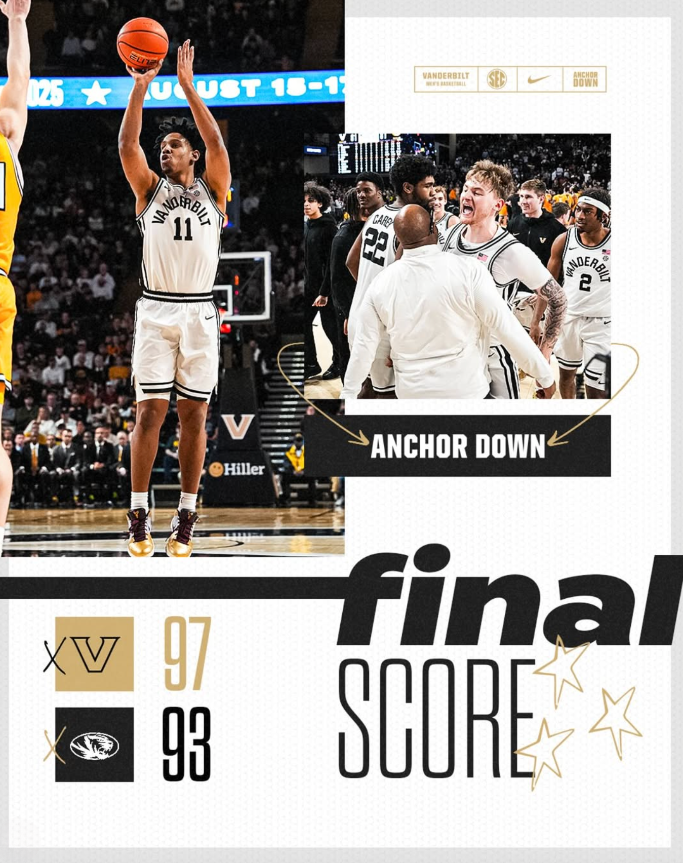 Social media graphic showing images from Vanderbilt men's basketball home win over Mizzou.