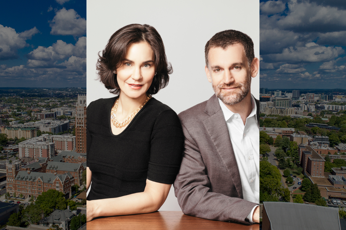 A headshot of John and Laura Arnold overlays an aerial image of campus. 