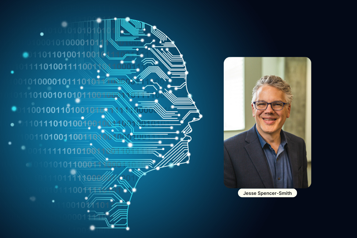 A headshot of Jesse Spencer-Smith overlays a humanoid head made out of binary code. 