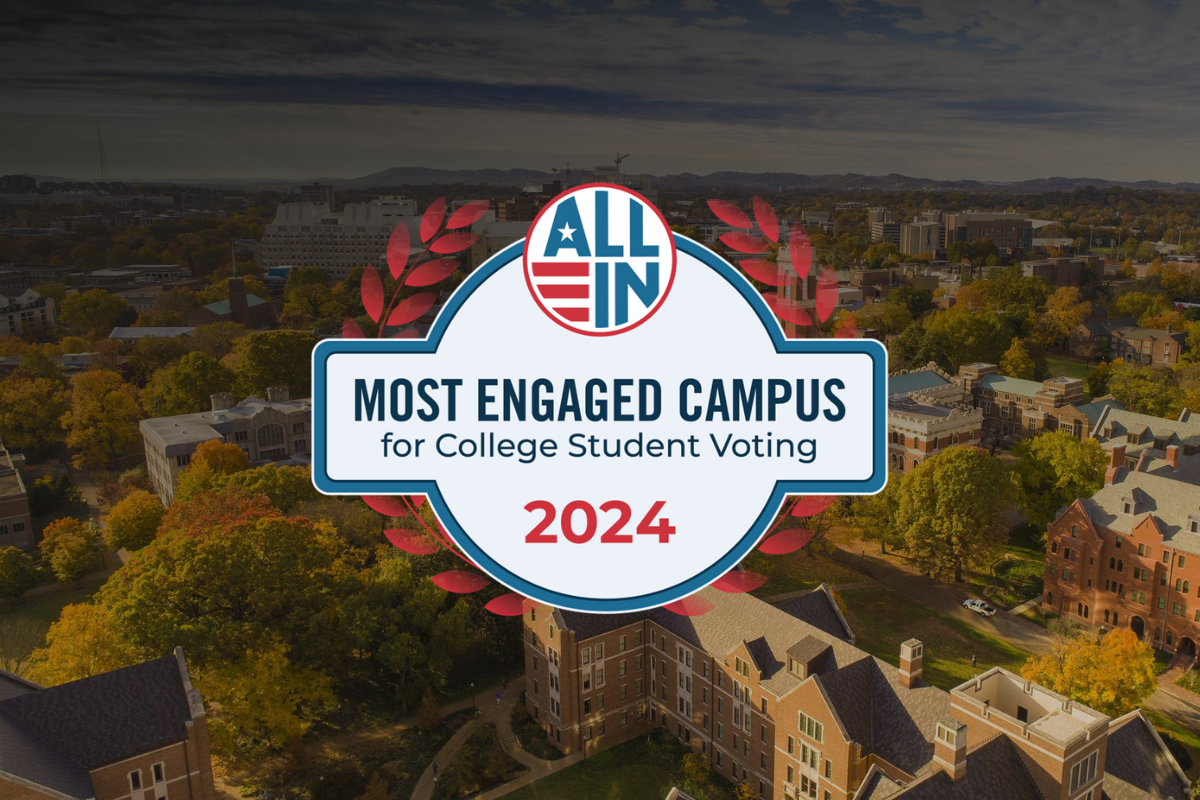 An aerial photo of campus is overlayed with the All In Most Engaged Campus for College Student Voting 2024 badge. 