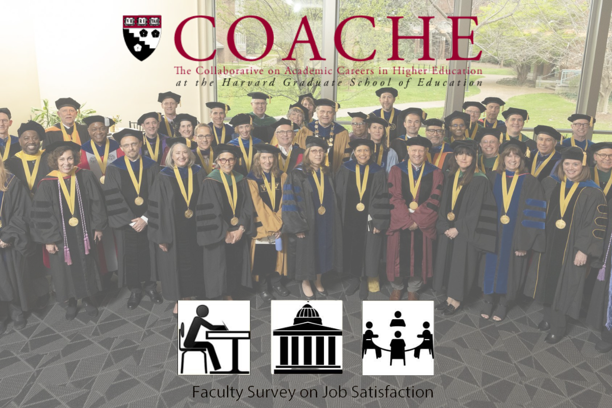The COACHE logo overlays an image of Vanderbilt faculty members in academic regalia. Image text reads: "COACHE: The Collaborative on Academic Careers in Higher Education at the Harvard Graduate School of Education Faculty Survey on Job Satisfaction."