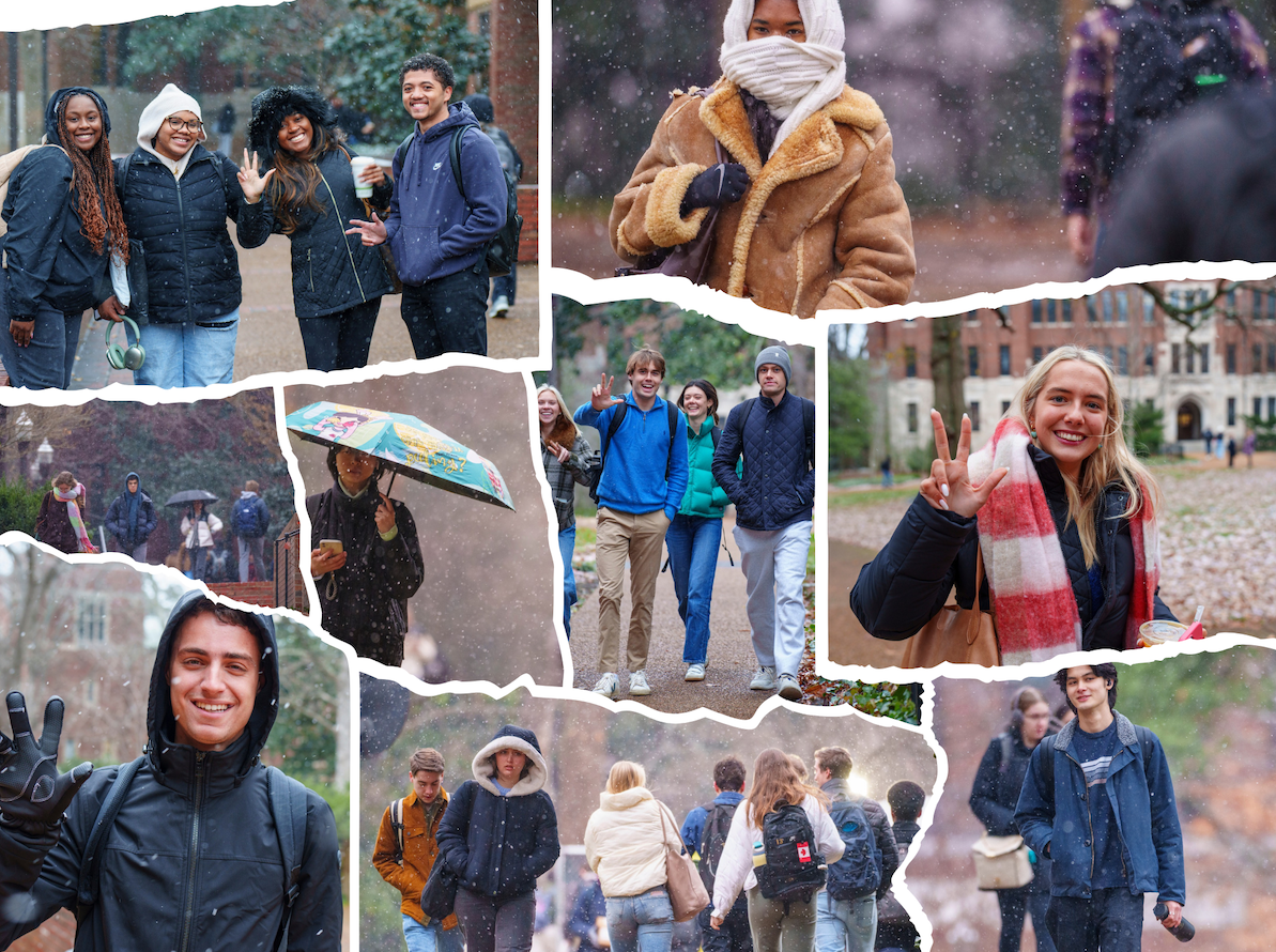 Collage of students walking through a snowy campus on the first day of the Spring 2025 semester. 