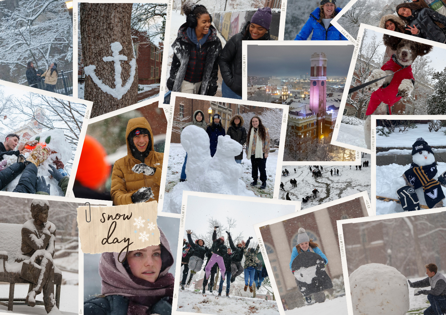 Collage image of Vanderbilt community members enjoying the snow day around campus on January 10, 2025. 