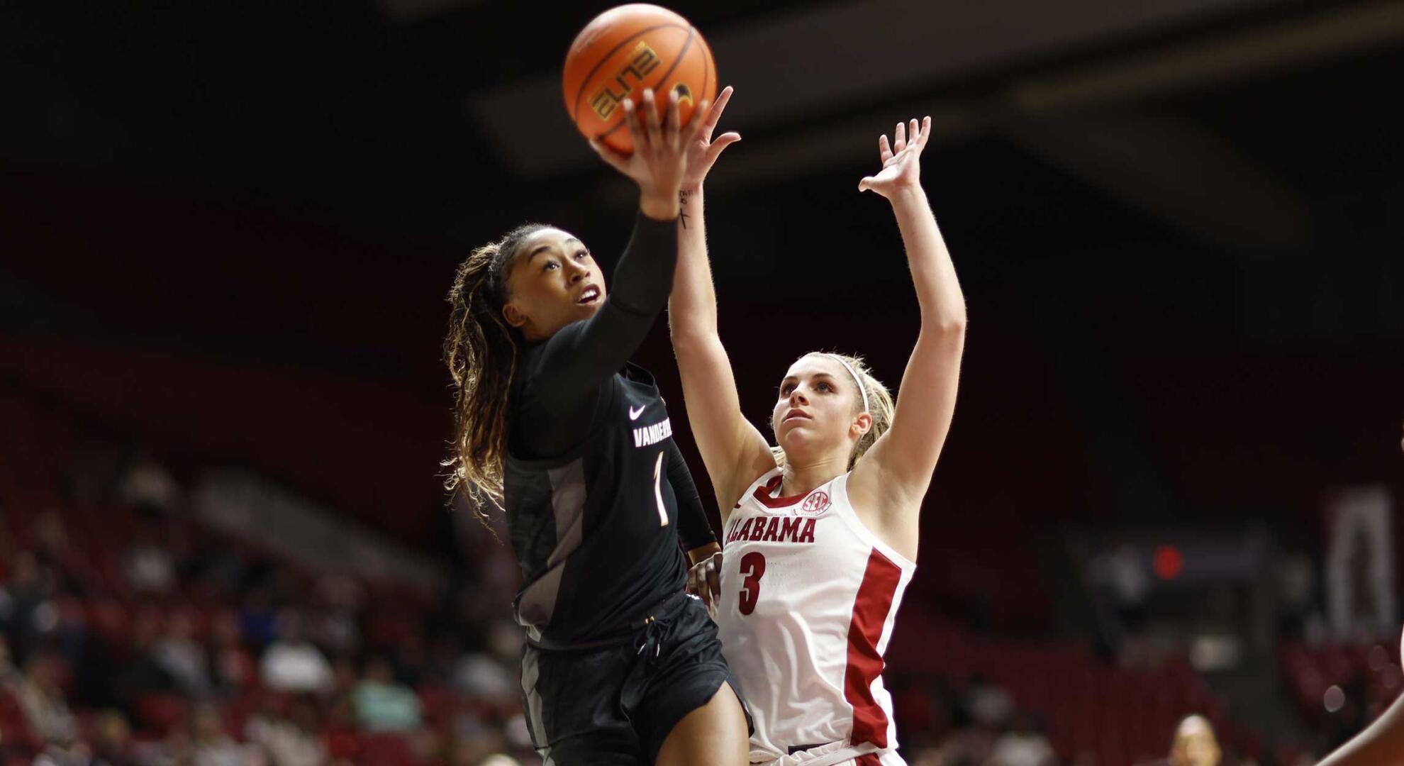 Vanderbilt women's basketball freshman Mikayla Blakes (jersey No. 1) shoots a layup during an upset win over No. 19 Alabama. 