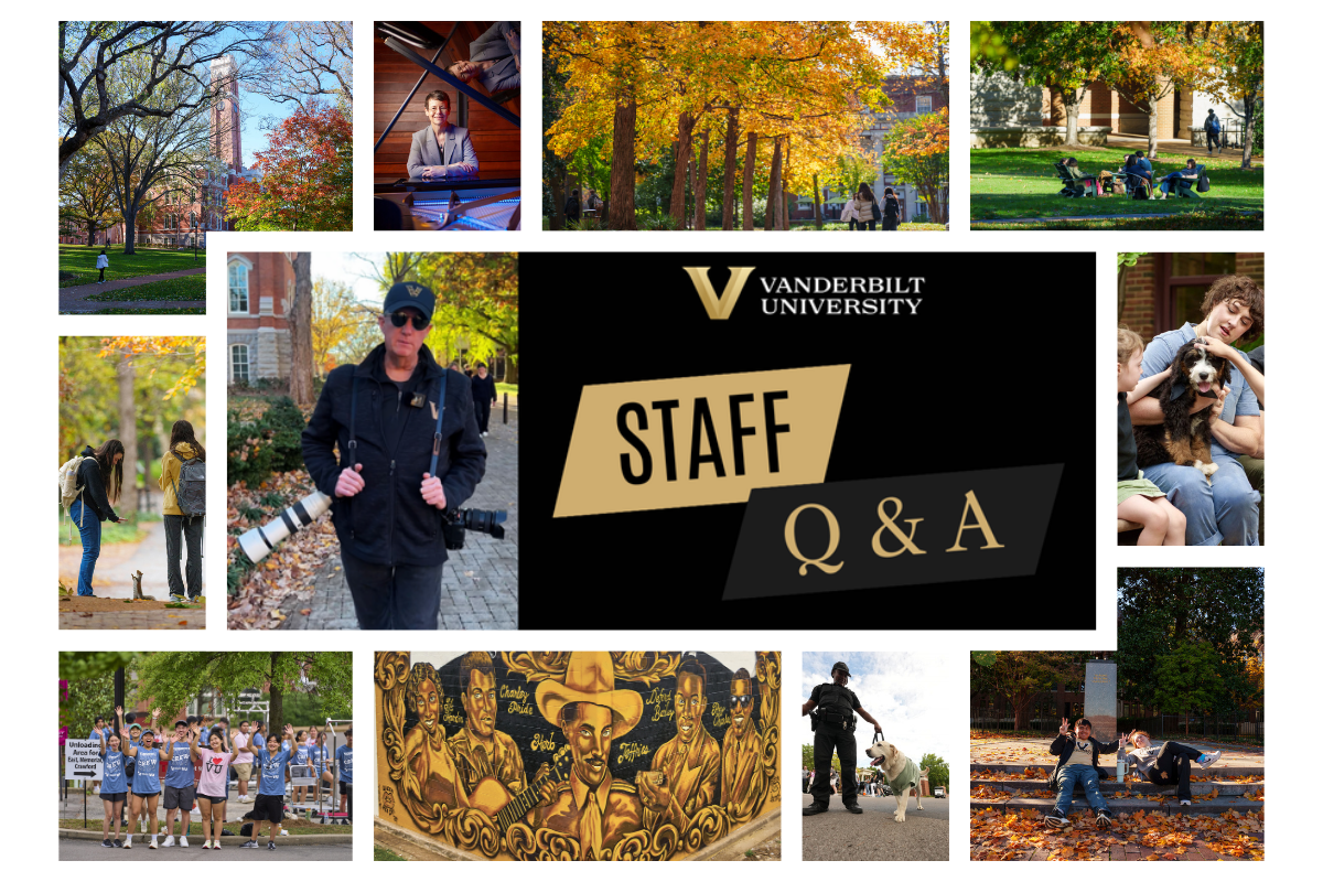 A collage of images taken by University Photographer Harrison McClary surround a central image of Harrison, with image text reading: "Vanderbilt University Staff Q&A"