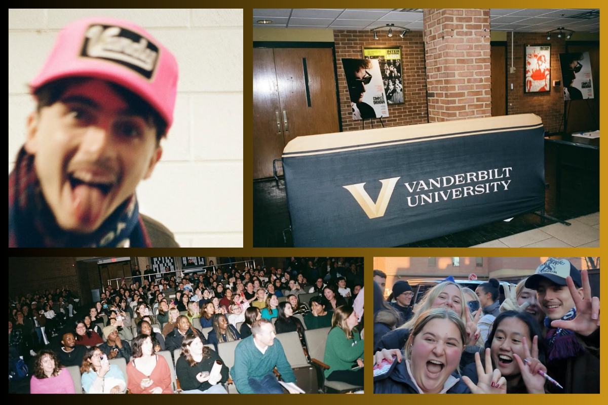 Collage of images featuring actor Timothee Chalamet during his visit to Vanderbilt.