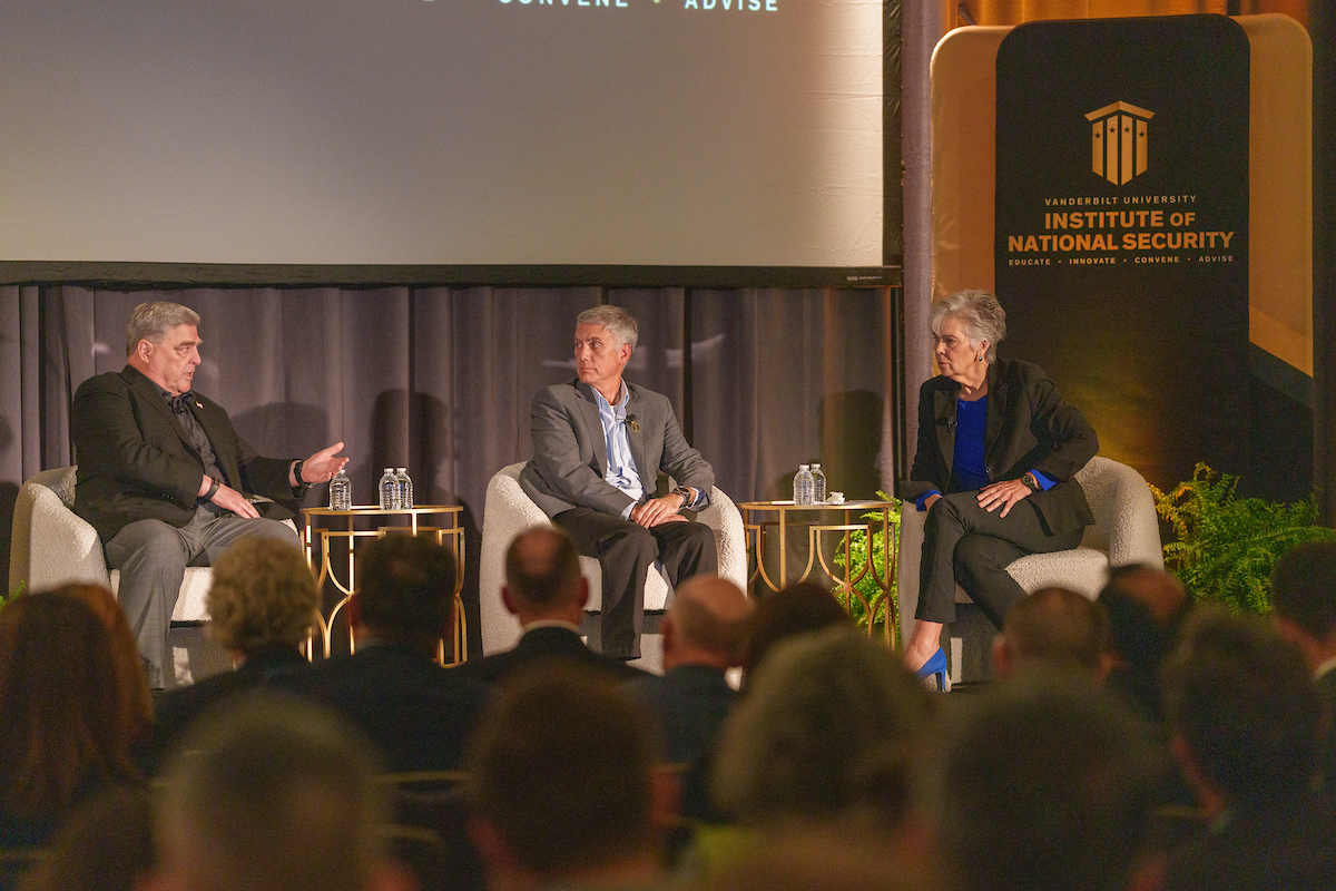 Gen. Mark Milley and Gen. Paul Nakasone discuss hot-button issues of the day in a fireside chat with moderator Jeanne Meserve as part of the Washington D.C. launch event for the Vanderbilt Institute of National Security.